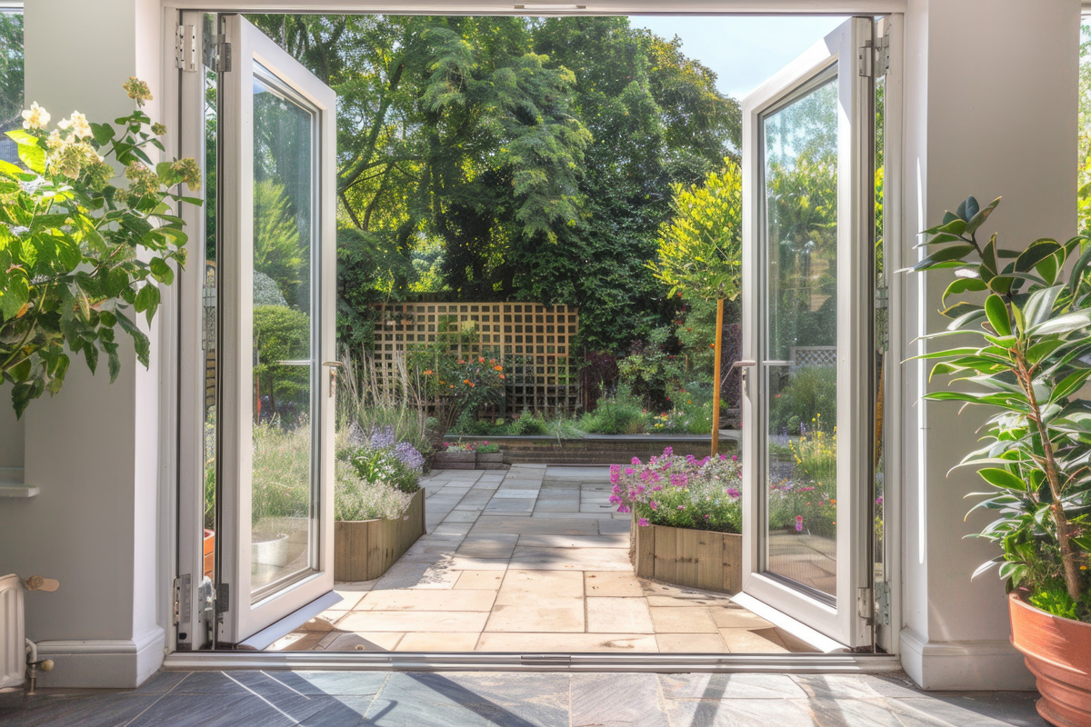 Glass patio doors opening to a garden in El Paso.