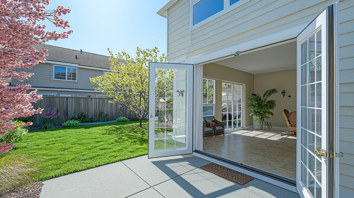 Glass patio doors opened to a backyard.